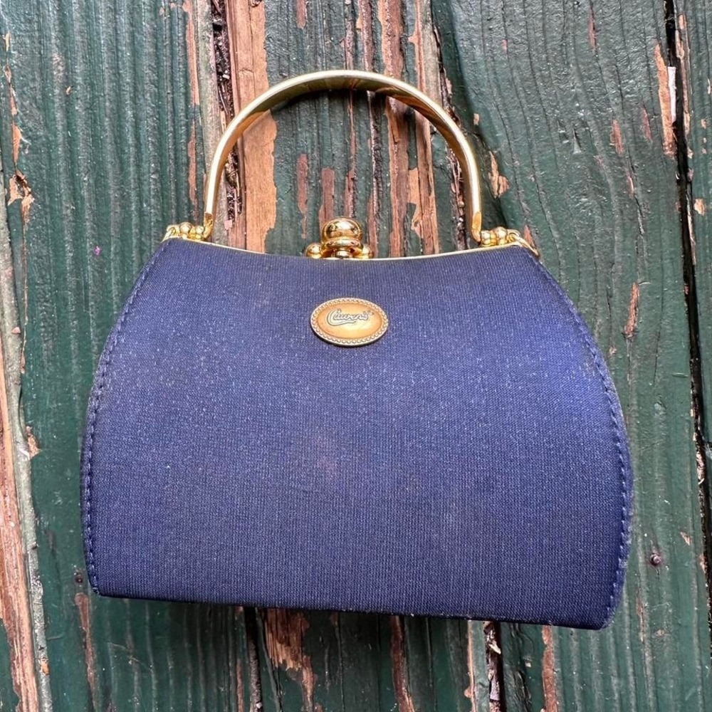 Navy blue velvet clutch bag with gold hardware clutch